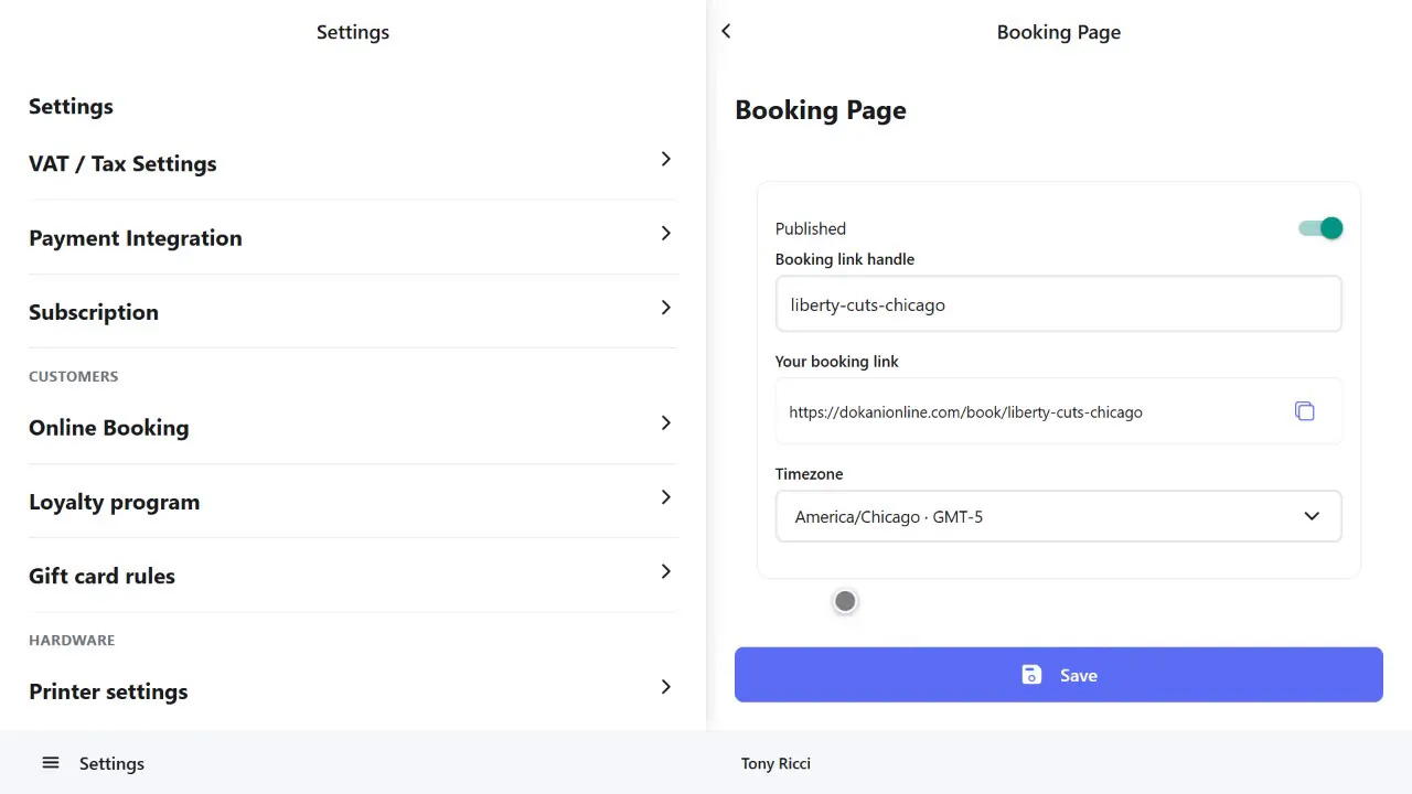 Booking page settings with the shop's public booking link