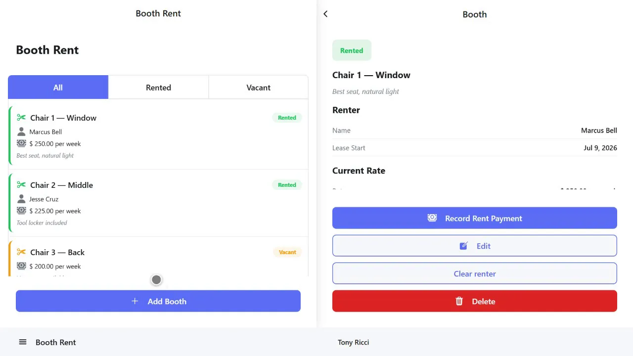 Booth rent list with rented and vacant chairs