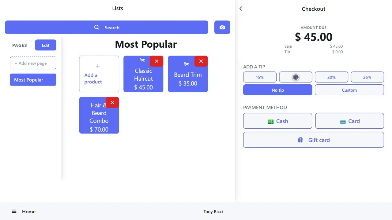 Checkout with tip buttons and cash, card and gift card payment