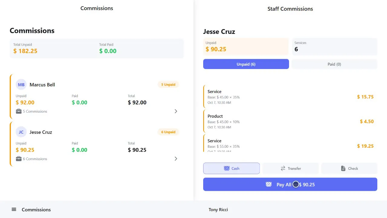 Commissions screen with paid and unpaid amounts per barber
