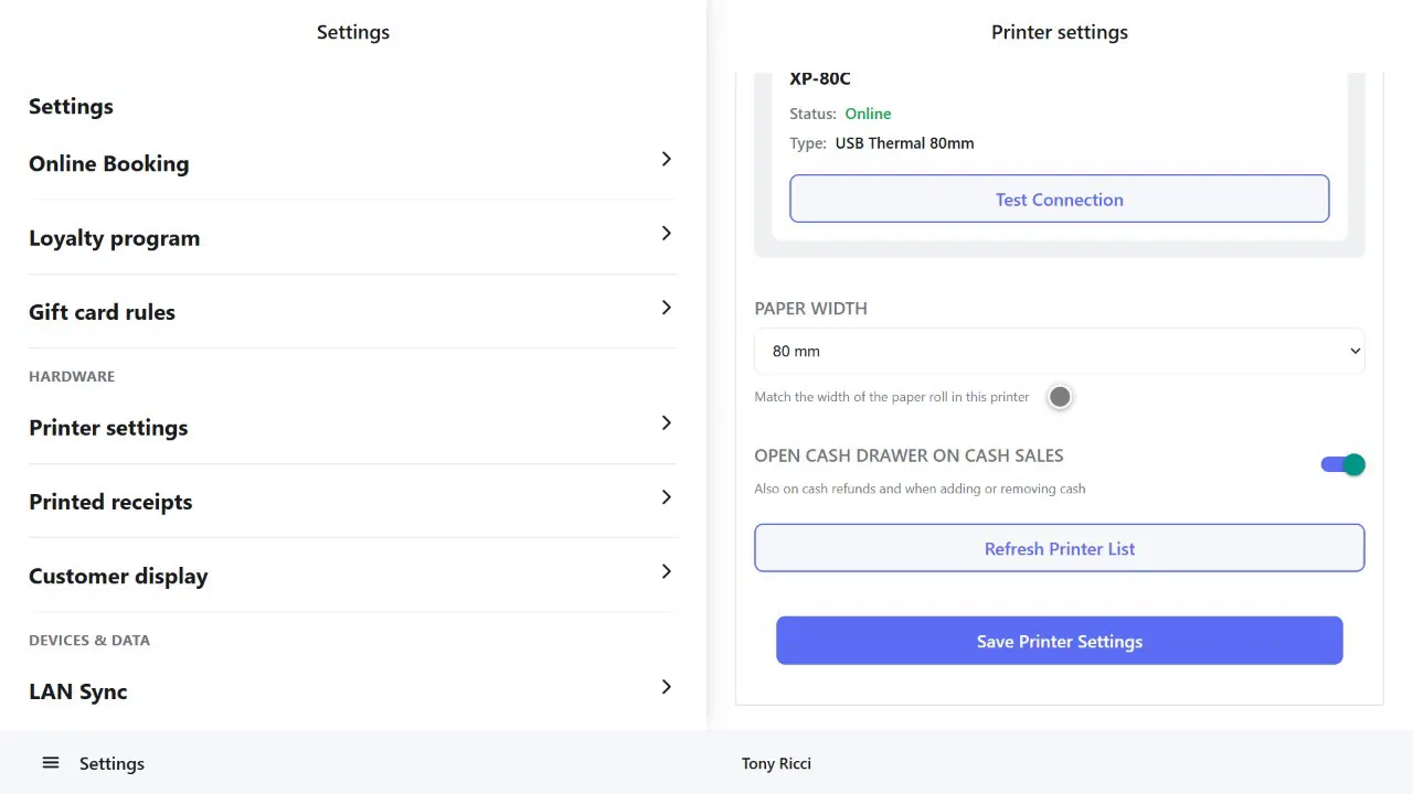 Printer settings with a thermal receipt printer online