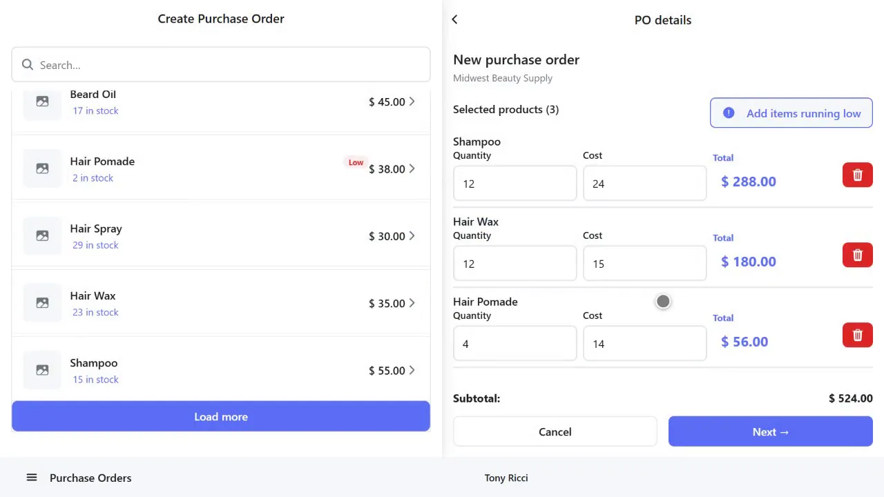 Purchase order with quantity and cost per line