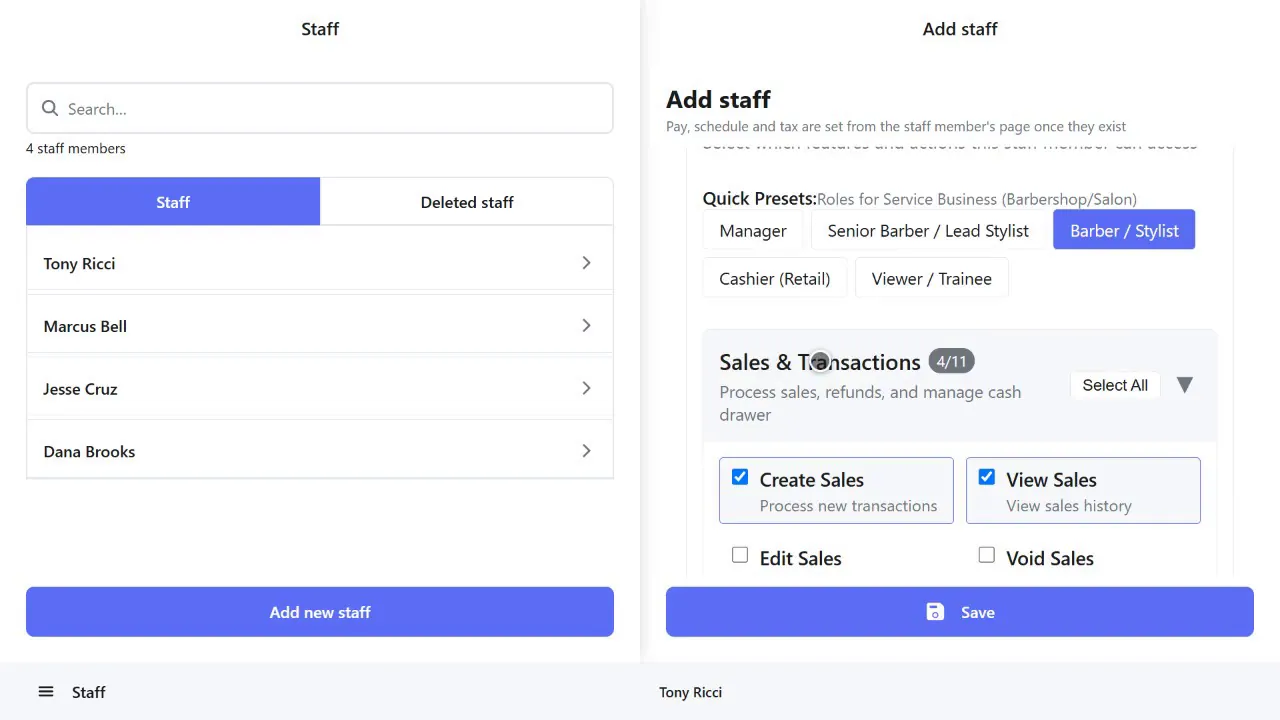 Adding a staff member with a role and permissions