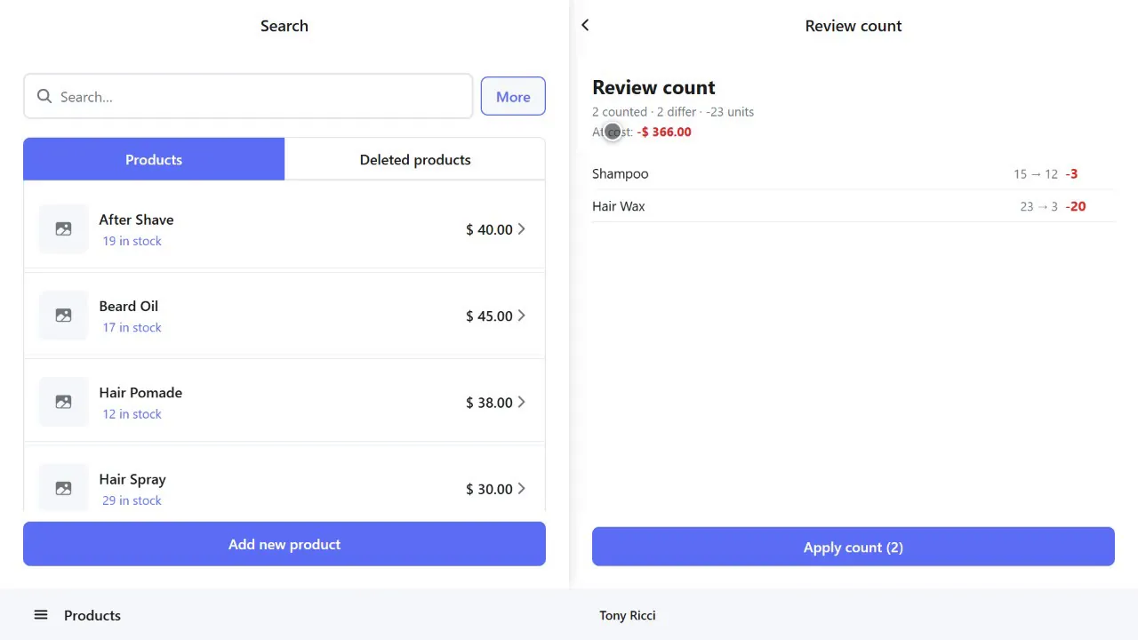 Stock count review with differences and their value