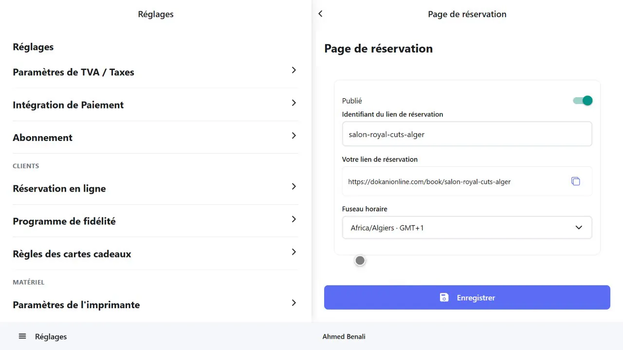 Réglages de la page de réservation avec le lien public du salon