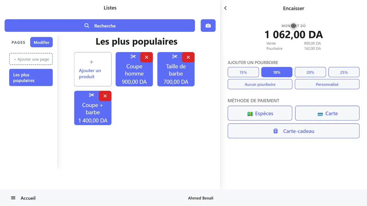Encaissement avec pourboire et paiement en espèces, par carte ou carte cadeau