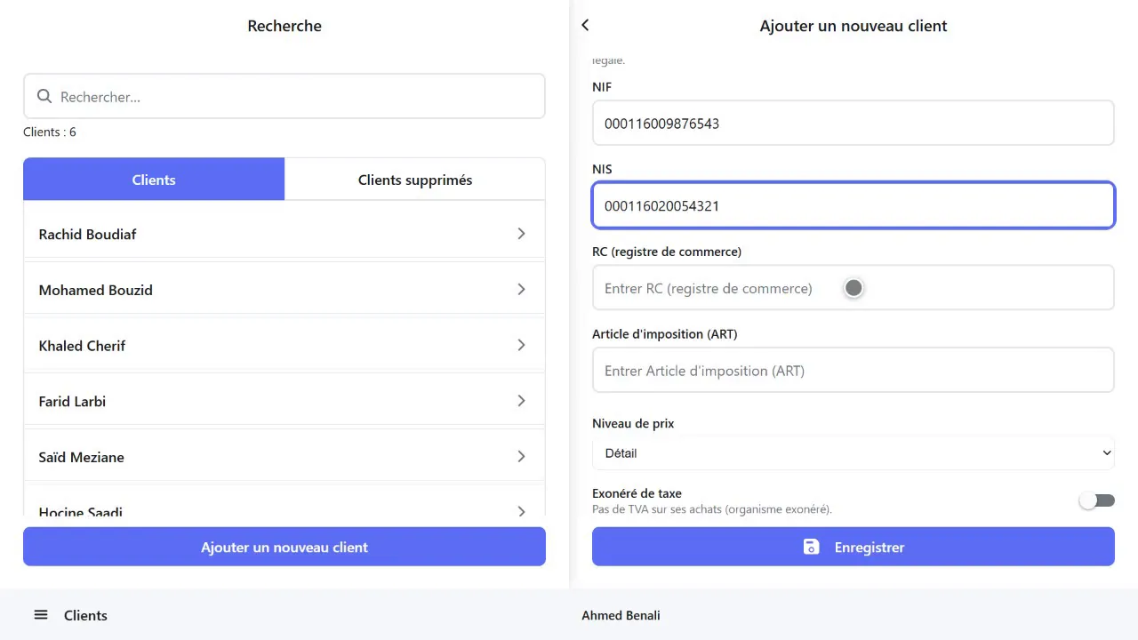 Fiche client professionnel avec NIF, NIS, RC et ART
