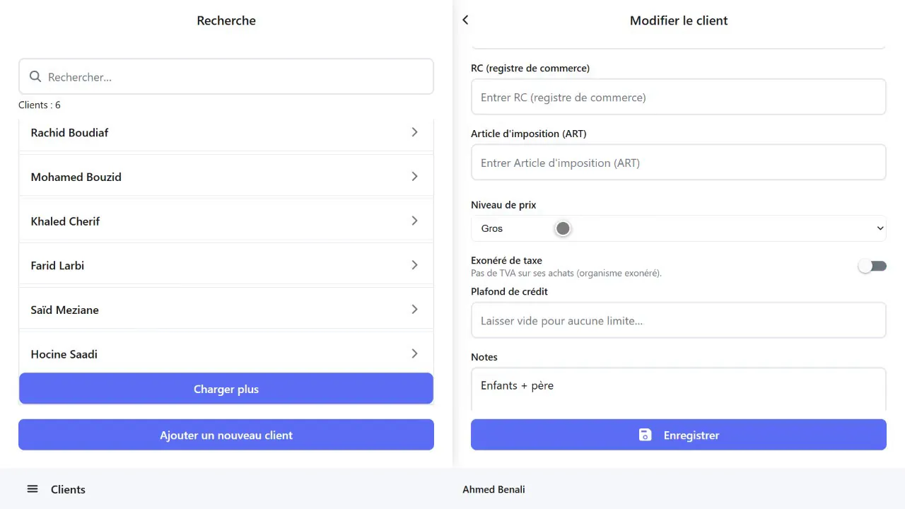 Client professionnel avec son niveau de prix