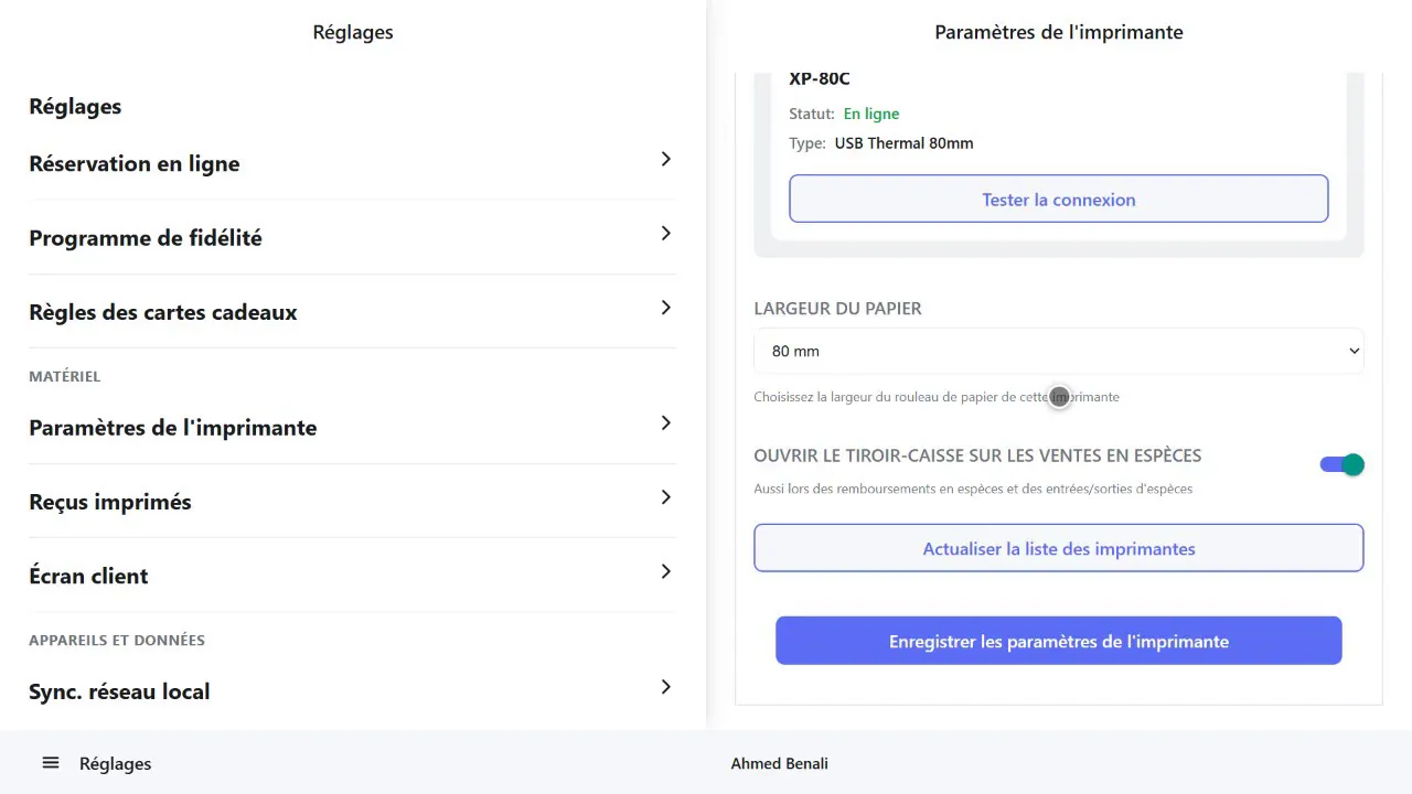 Réglages d'imprimante avec une imprimante thermique connectée