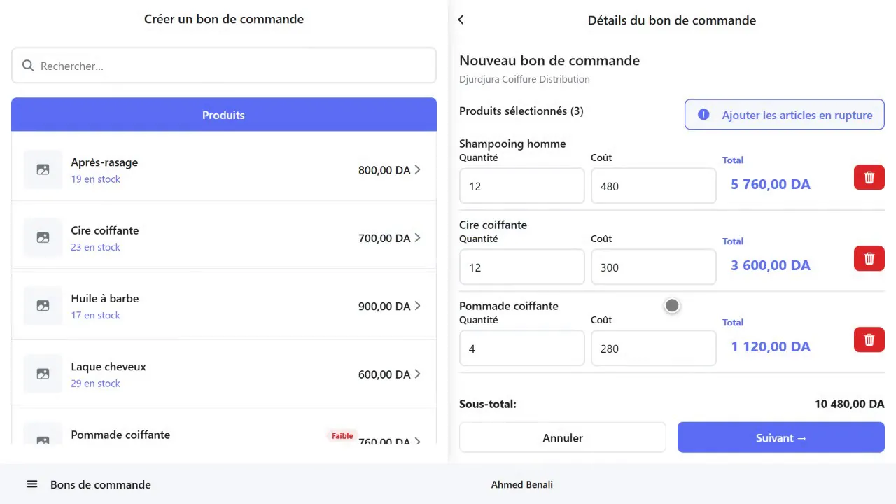 Bon de commande avec quantité et coût par ligne