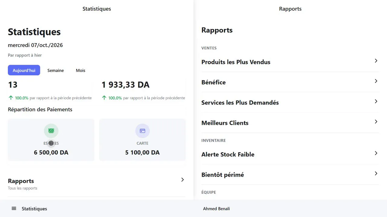 Ventes du jour réparties entre espèces et carte